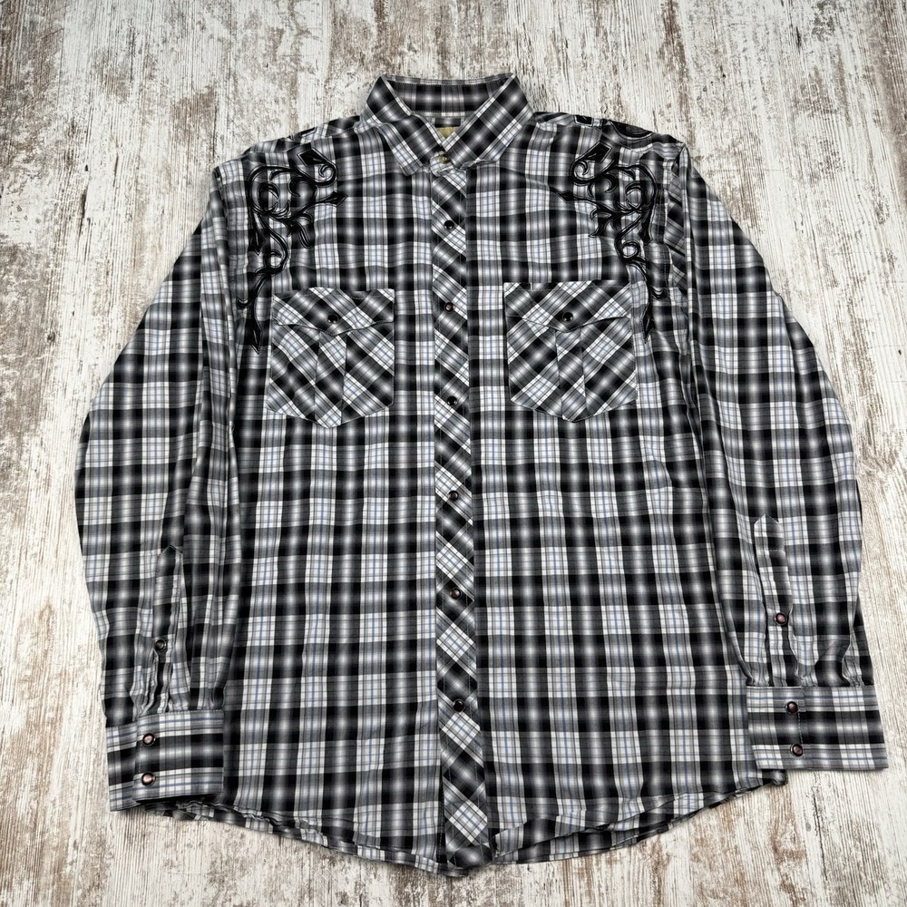 Cowboy Legends Pearl Snap Embroidered‎ Y2K Style Sz L Western Country Plaid